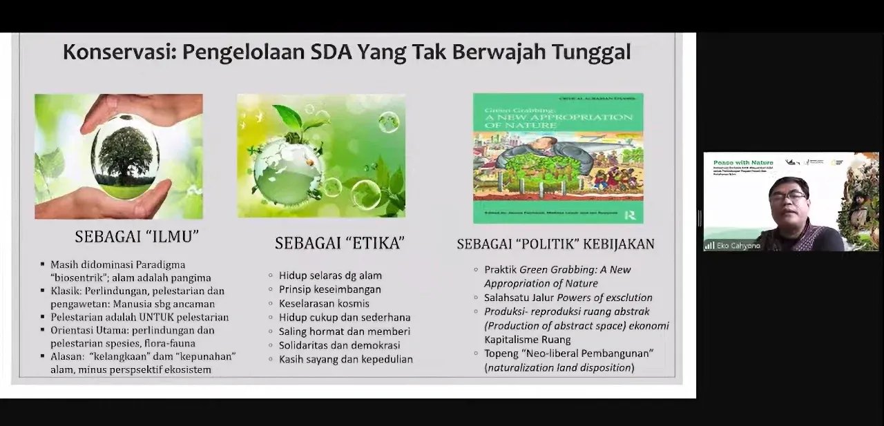 Screenshot, Sajogyo Institute Researcher, Eko Cahyono in the webinar "Peace with Nature: Human Rights-Based Conservation of Indigenous Peoples for Biodiversity Protection and Climate Resilience." (19/10/2024)