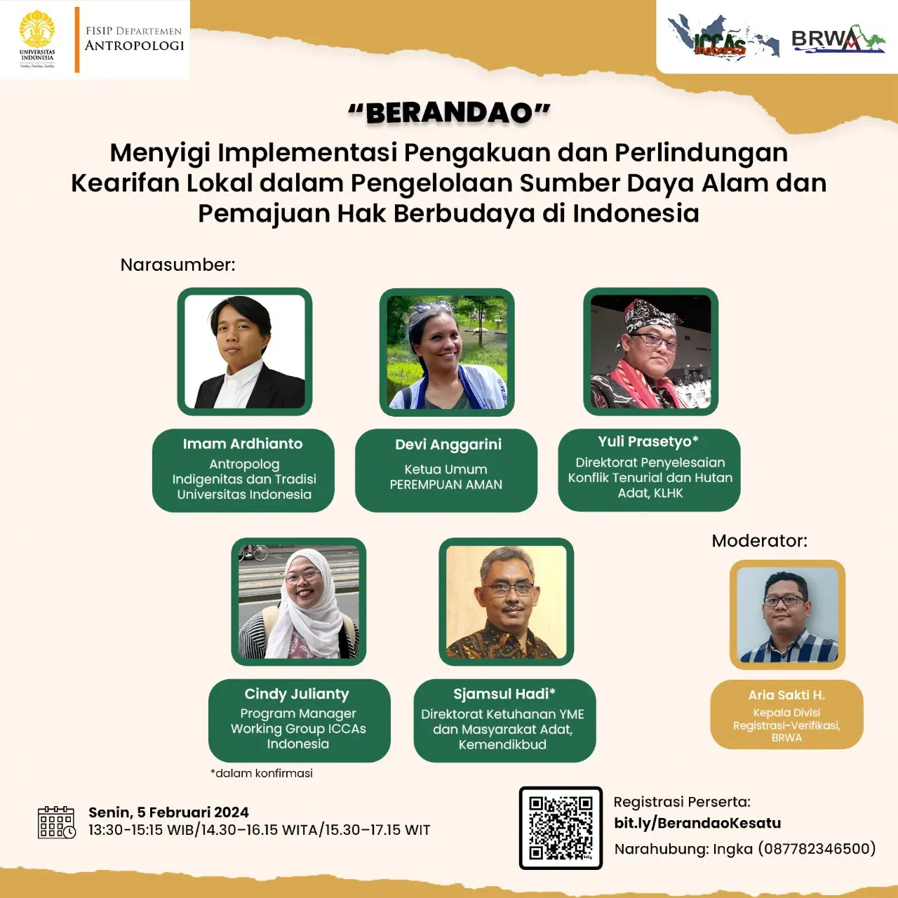 Gambar: Webinar Berandao: “Menyigi implementasi pengakuan dan perlindungan kearifan lokal dalam pengelolaan sumber daya alam dan pemajuan hak berbudaya di Indonesia.” bertempat di FISIP Departemen Antropologi UI