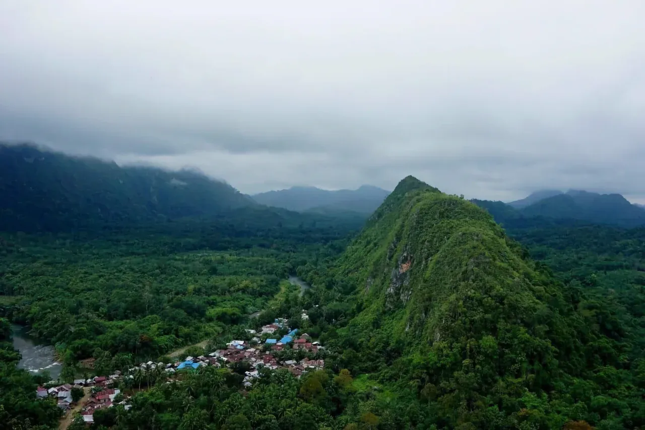Overview of Indigenous Peoples’ settlements in the Meratus region. Photo taken by Riyad Dafhi Rizki, Mongabay Indonesia, from Puncak Titi, East Batang Alai District, Hulu Sungai Tengah Regency, South Kalimantan Province. Source: Mongabay Indonesia, 2025.