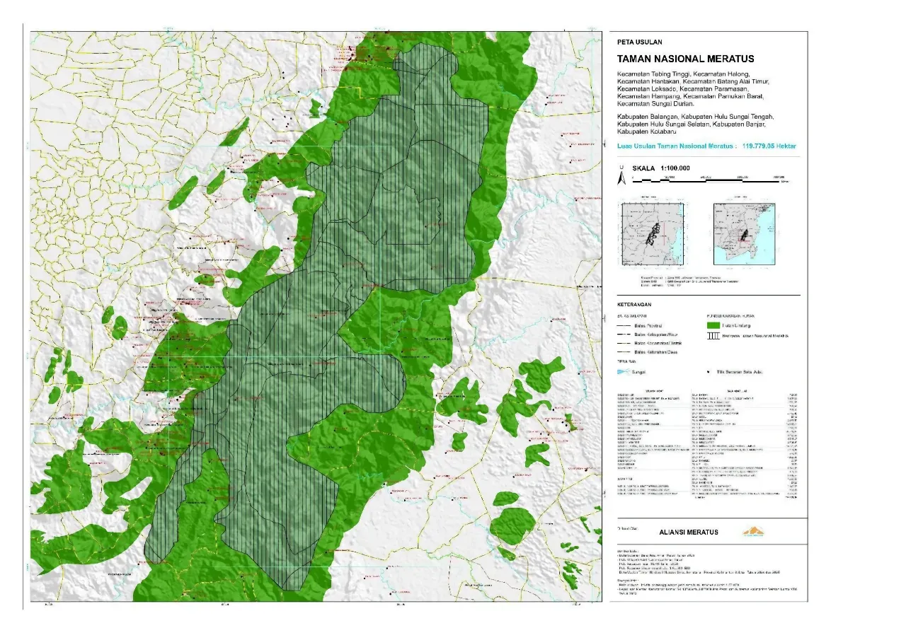 A map proposing the Meratus National Park covering 119,779 ha, which also indicates the presence of Dayak Indigenous Peoples’ communities within the conservation boundaries. Source: Mongabay Indonesia, 2025; AMAN South Kalimantan, 2025.