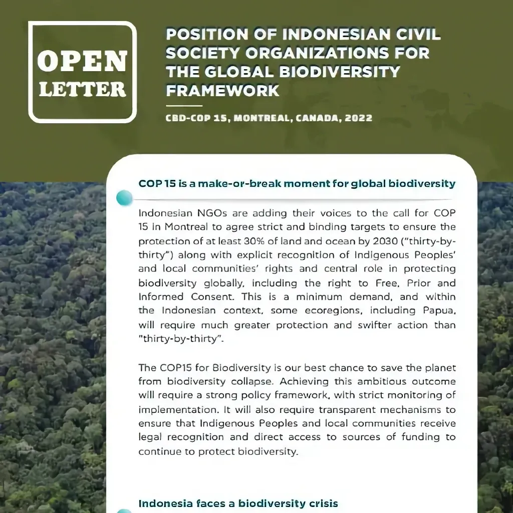 Surat Terbuka: Posisi Organisasi Masyarakat Sipil Indonesia Untuk Kerangka Keanekaragaman Hayati Global CBD-COP 15, Montreal, Kanada, 2022